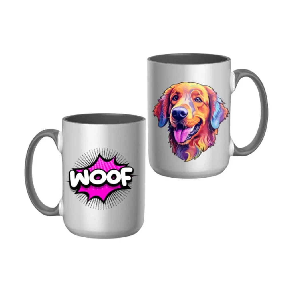 Colorful Pop Art Dog Mug with "Woof" – 15oz Ceramic Mug